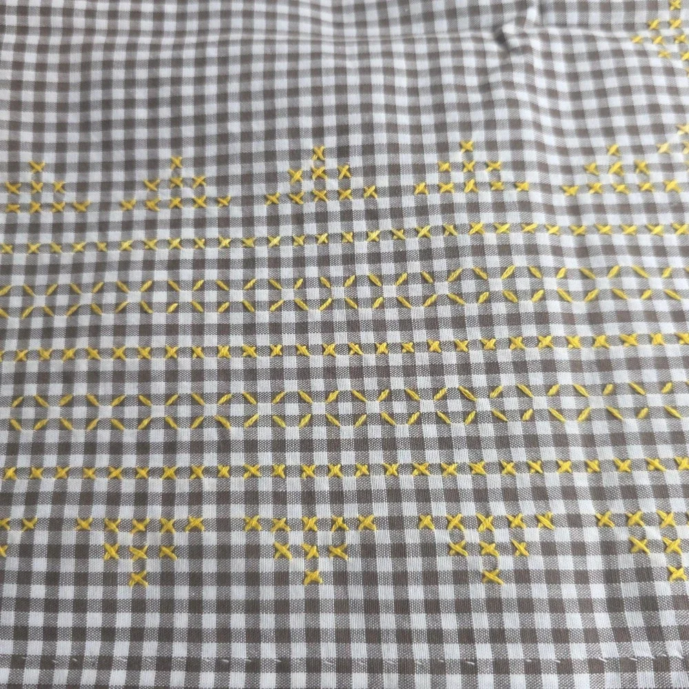 Vintage Brown Gingham Hand Embroidered Yellow Cross Stitch Tablecloth 32x31